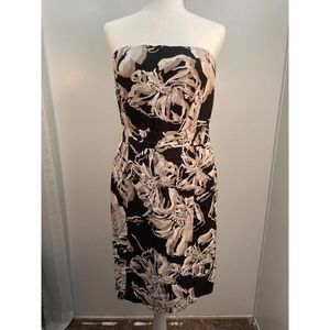 Banana Republic Linen Blend Black Tan White Floral Strapless Dress 10 Petite